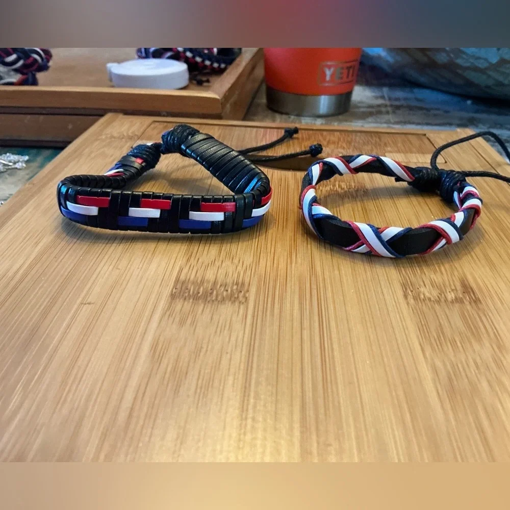 Red, White & Blue Braided and Strap Bracelet Set